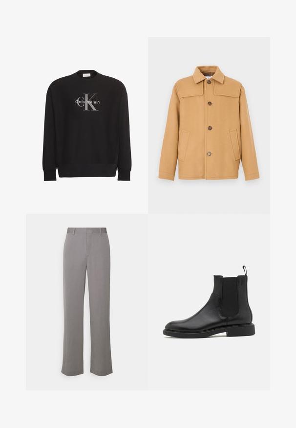 Chaqueta de lana color camello con cuello de solapa, cuatro botones y dos bolsillos delanteros. Presenta un diseño estructurado y una textura suave.; Sudadera negra de manga larga con gran logo de texto gris "cK" y blanco "Calvin Klein" centrado en el frente.; Tiger of Sweden TREY - Pantalones - grey shadow; Botín de cuero negro con textura suave, paneles laterales elásticos y una lengüeta. Punta redonda y suela de goma plana con mínimo dibujo.