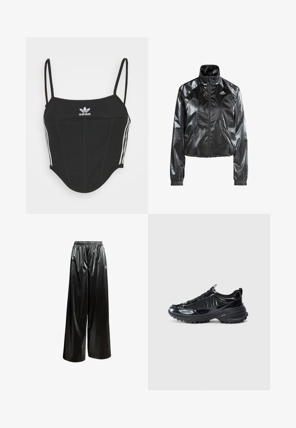 Zwarte, glanzende, korte jas met hoge kraag, ritssluiting, zijzakken en geperforeerde details. Voorzien van het adidas-logo op de borst.; Zwarte geribbelde crop top met verstelbare dunne bandjes, voorzien van drie witte strepen aan de zijkanten en een klein wit Adidas-logo in het midden.; Zwarte, wijde broek met elastische taille, gemaakt van glanzend materiaal; heeft een zilveren Adidas-logo aan de onderkant links.; Zwarte glanzende sneakers met een gebogen bovenkant, een textuur rubberen zool en vetersluiting. Kenmerkt zich door branding aan de zijkant en een treklipje aan de achterkant.