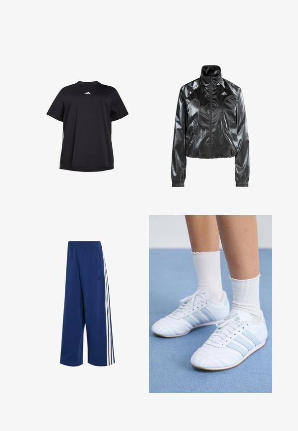 Schwarze, glänzende, kurz geschnittene Jacke mit hohem Kragen, Reißverschluss, Seitentaschen und perforierten Details. Mit Adidas-Logo auf der Brust.; Schwarzes T-Shirt mit kurzen Ärmeln aus weichem Stoff, ausgestattet mit einem weißen horizontalen Akzent an den Seiten und einem weißen Logo auf der Brust.; Blaue Adidas Weitbein-Hose mit elastischem Bund, weißen Seitenstreifen und schwarzem Logo am oberen Oberschenkel.; Weiße Sportschuhe aus Leder mit hellblauen Streifen, strukturiertem Zehenbereich und weißen Crew-Socken. Auf einer blauen Teppichoberfläche präsentiert.