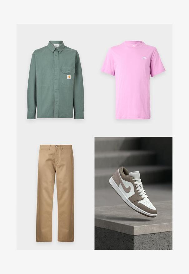 Chemise verte à manches longues avec boutons, col, poche poitrine avec rabat à bouton, et une petite étiquette logo Carhartt sur la poche.; T-shirt Nike violet clair à manches courtes avec col rond et petit logo blanc Nike sur la poitrine gauche, sur fond blanc.; Pantalons chinos couleur sable en tissu de coton lisse, avec une coupe classique à jambe droite, des poches avant et une seule poche arrière.; Baskets basses blanches et taupe avec lacets, semelle intermédiaire et swoosh Nike, flottant au-dessus d'un rebord en béton avec des escaliers en arrière-plan.