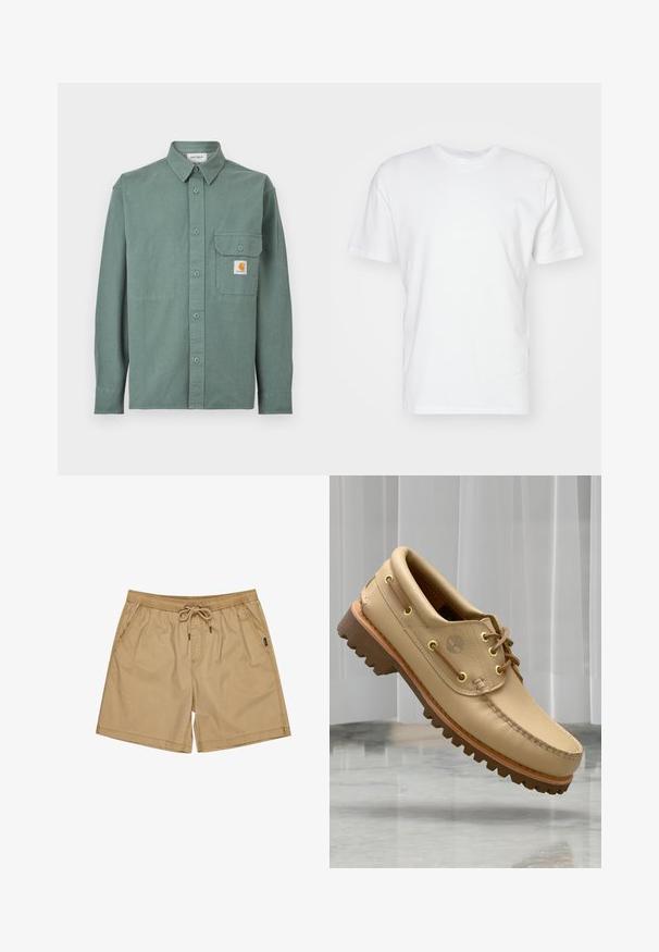Grøn langærmet skjorte med knapper, krave, brystlomme med knapklap og et lille Carhartt-logo på lommen.; Hvid bomulds T-shirt med korte ærmer, rund halsudskæring og en glat tekstur. Enkel design uden mønstre eller grafik.; Beige bomuldsshorts med elastisk talje og snor, med sidelommer og en afslappet pasform. Enkel, glat tekstur uden mønstre.; Lysbrune læderbådsko med tyk, rillet sål og snøre detaljer, svævende over et marmor gulv med baggrund af hvide lodrette persienner.