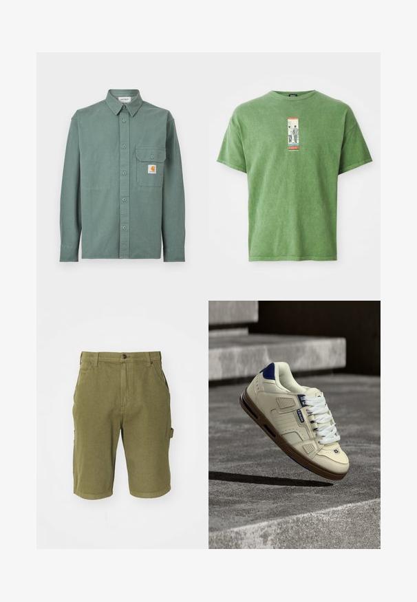 Camisa de manga larga verde con botones, cuello, bolsillo en el pecho con solapa y botón, y un pequeño parche con el logo de Carhartt en el bolsillo.; Camiseta de algodón verde con una etiqueta gráfica central que lleva la palabra "JOURNEY", mangas cortas y un corte relajado. Textura suave, diseño casual.; Bermudas de algodón verde oliva con cierre de botón, trabillas para cinturón, bolsillos laterales y un acabado de tela ligeramente texturizado.; Zapatilla deportiva crema y azul marino con suela marrón, cordones blancos y logo "Globe", suspendida sobre escalones de concreto texturizado en un entorno exterior sombreado.