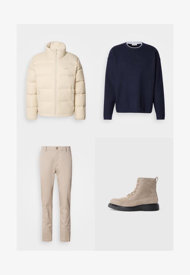 Beige puffjakke med høj krave, lynlåslukning og to sidelommer. Har en quiltet design og en blød, glat tekstur.; Marineblå strikket sweater med rund hals, ribbet krave og subtilt broderet "ck" logo på forsiden. Lange ærmer, løs pasform.; Beige bomulds chinos med lige pasform, bæltestropper, en enkelt frontknap og en glat, utextureret overflade. Ingen lommer er synlige.; Beige ruskindsankelstøvler med sort gummisål, snørelukning og et lille logo præget på siden, med en løftestrop bagpå.