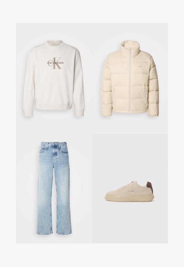 Beige Daunenjacke mit hohem Kragen, Reißverschluss und zwei seitlichen Taschen. Verfügt über ein gestepptes Design und eine weiche, glatte Textur.; Weißes Crewneck-Sweatshirt aus weichem Stoff, mit einem großen beigen Calvin Klein-Logo auf der Vorderseite, und gerippten Bündchen sowie Saum.; Helle blaue weite Jeans mit hoher Taille, in verwaschenem Finish, mit Gürtelschlaufen und klassischem Fünf-Taschen-Design. Der Saum ist ungesäumt.; Beige Wildleder-Sneaker mit runder Spitze, Schnürung vorne und einem braunen Wildlederakzent an der Ferse. Verfügt über eine strukturierte Gummisohle.