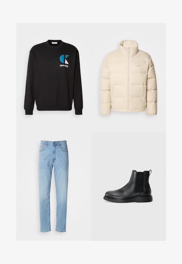 Doudoune beige avec un col haut, fermeture éclair et deux poches latérales. Présente un design matelassé et une texture douce et lisse.; Sweatshirt noir avec col rond et manches longues, présentant un logo CK coloré en bleu, vert et rose sur le devant. Texture lisse.; Jean en denim bleu clair avec une coupe droite, cinq poches et passants de ceinture. Le tissu présente une texture lisse avec un léger effet dégradé.; Bottes Chelsea en cuir noir avec une finition texturée, des panneaux latéraux élastiques et une semelle en caoutchouc robuste. Branding subtil sur le talon.
