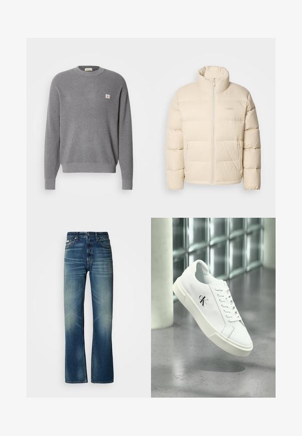Chaqueta acolchada beige con un alto cuello, cierre de cremallera y dos bolsillos laterales. Presenta un diseño de acolchado y una textura suave y lisa.; Suéter de punto gris de manga larga con textura acanalada y pequeño parche cuadrado del logo CK en el lado izquierdo del pecho, cuello redondo.; Jeans de mezclilla azul con un corte recto, lavado medio, detalles deslavados, cinco bolsillos y cierre de botón. Costuras distintivas a lo largo de las costuras.; Zapatilla blanca Calvin Klein con cordones, mostrada flotando sobre un suelo de cemento pulido y un fondo de pared de bloques de vidrio.