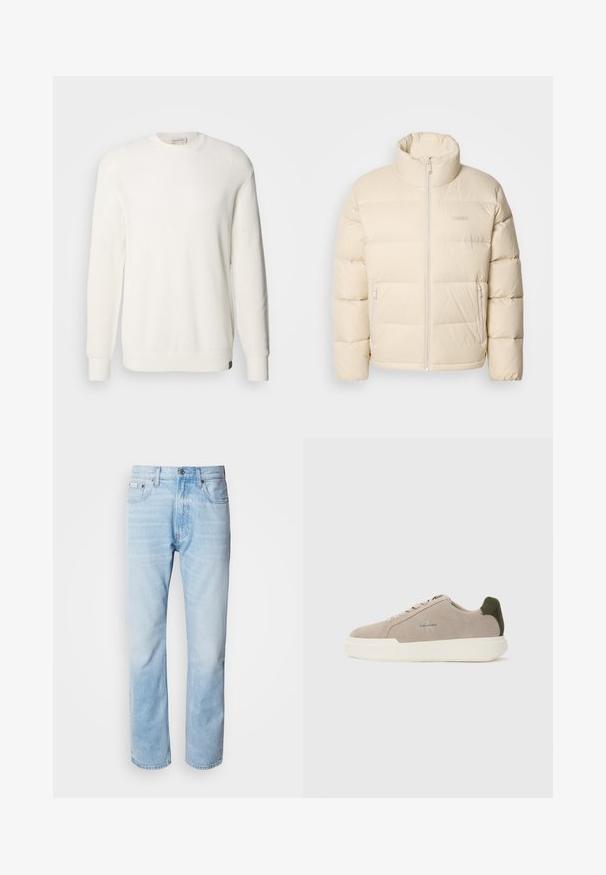 Chaqueta acolchada beige con un alto cuello, cierre de cremallera y dos bolsillos laterales. Presenta un diseño de acolchado y una textura suave y lisa.; Calvin Klein Jeans CREW - Jersey de punto - tofu; Vaqueros de mezclilla azul claro con corte recto, con secciones desgastadas, diseño de cinco bolsillos y cierre de botones clásico.; Zapatillas de piel de ante beige con suela de goma blanca, que presentan un acento en el talón de color verde oscuro y un sutil logo en el lateral.