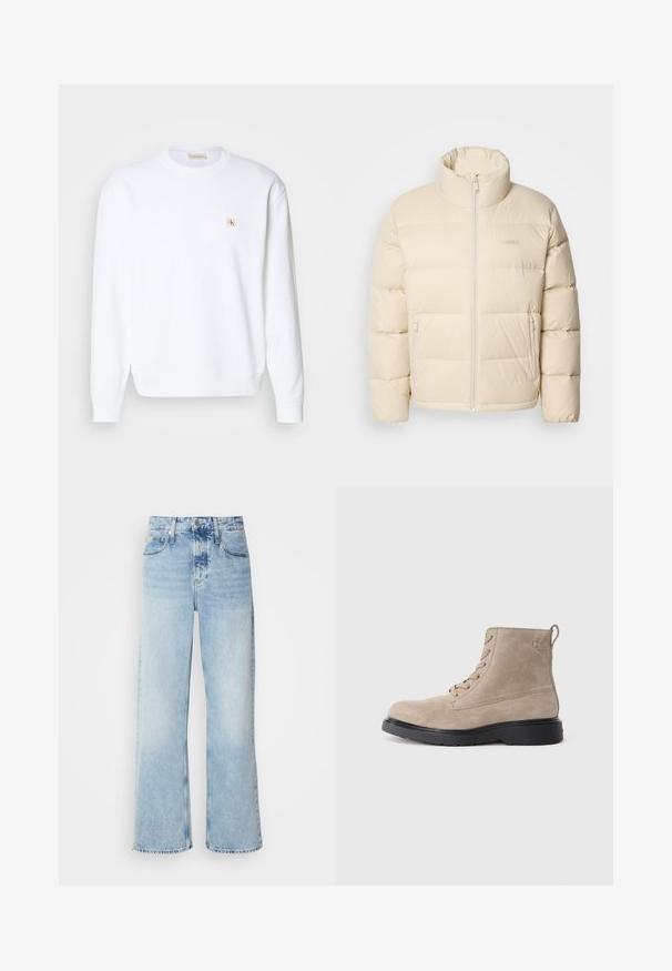 Beige puffjakke med høj krave, lynlåslukning og to sidelommer. Har en quiltet design og en blød, glat tekstur.; Hvid sweatshirt med lange ærmer, rund hals og ribbede manchetter. Har et lille logo i rød og beige på venstre brystområde. Glat tekstur.; Lysblå vide jeans med høj talje, der har en falmet finish, bæltestropper og klassisk fem-lomme design. Kantene er rå.; Beige ruskindsankelstøvler med sort gummisål, snørelukning og et lille logo præget på siden, med en løftestrop bagpå.