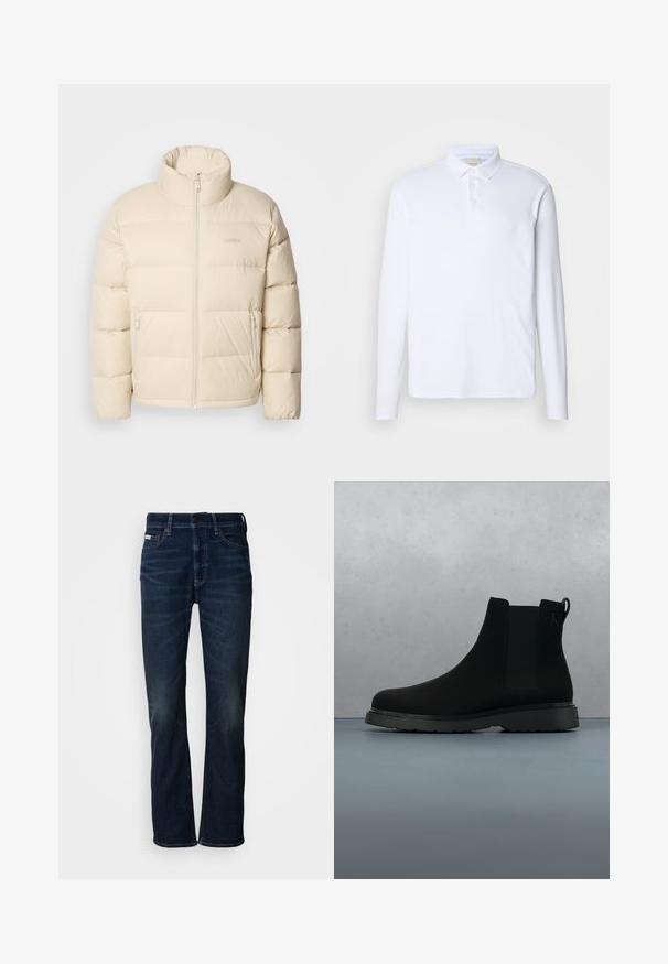 Beige puffjakke med høj krave, lynlåslukning og to sidelommer. Har en quiltet design og en blød, glat tekstur.; Langærmet hvid polo-shirt lavet af blødt stof, med en klassisk krave, tre knaplukninger og et diskret logo på brystet.; Mørkeblå denim jeans med lige ben-design, der har subtil falming, en knaplukning og traditionel fem-lomme styling.; Sort ankelstøvle lavet af glat materiale med diskrete syninger, en gummisål og et strømlinet design, placeret over en overflade med træstruktur.