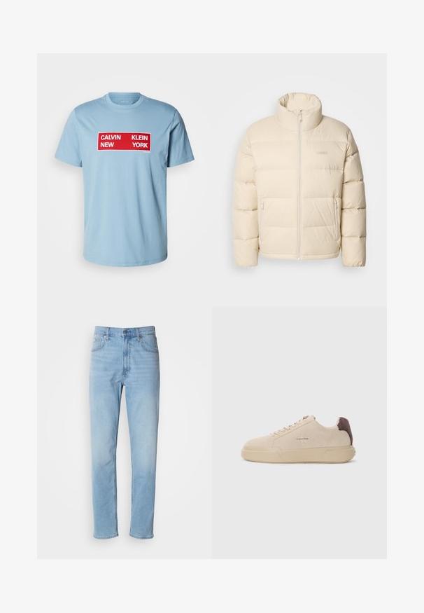 Beige puffjakke med høj krave, lynlåslukning og to sidelommer. Har en quiltet design og en blød, glat tekstur.; Calvin Klein Jeans BOX GRAPHIC TEE - T-shirts print - smoke blue; Lys blå denim jeans med lige pasform, fem lommer og bæltestropper. Stoffet har en glat overflade med en let falmningseffekt.; Beige ruskind sneakers med rund tå, snørret foran og en brun ruskindsdetalje på hælen. Har en tekstureret gummisål.