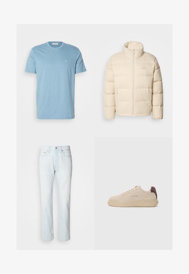 Beige puffjakke med høj krave, lynlåslukning og to sidelommer. Har en quiltet design og en blød, glat tekstur.; Lyseblå bomulds t-shirt med rund hals, korte ærmer og et lille hvidt logo på brystet. Glat tekstur, enkelt design.; Lyseblå denimjeans med lige ben. Har en knaplukning og bæltestropper, viser en falmet tekstur og minimal syning.; Beige ruskind sneakers med rund tå, snørret foran og en brun ruskindsdetalje på hælen. Har en tekstureret gummisål.