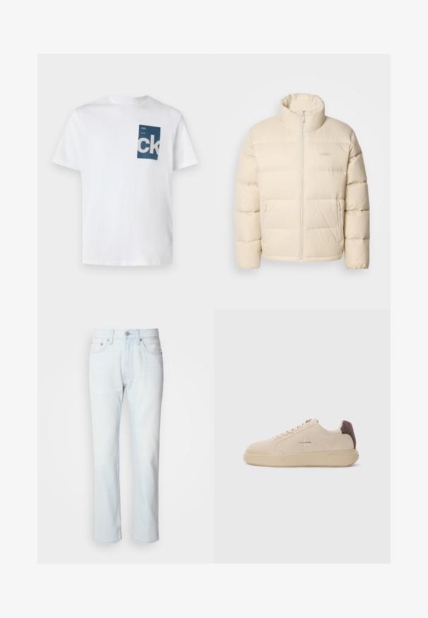 Beige Daunenjacke mit hohem Kragen, Reißverschluss und zwei seitlichen Taschen. Verfügt über ein gestepptes Design und eine weiche, glatte Textur.; Weißes Baumwoll-T-Shirt mit einer blauen rechteckigen Tasche, die mit dem weißen 'ck'-Logo und Textdetails verziert ist. Kurze Ärmel, Rundhalsausschnitt, normale Passform.; Hellblaue Jeans mit geradem Bein. Verfügt über einen Knopfverschluss und Gürtelschlaufen, präsentiert eine ausgebleichte Textur und minimale Nähte.; Beige Wildleder-Sneaker mit runder Spitze, Schnürung vorne und einem braunen Wildlederakzent an der Ferse. Verfügt über eine strukturierte Gummisohle.