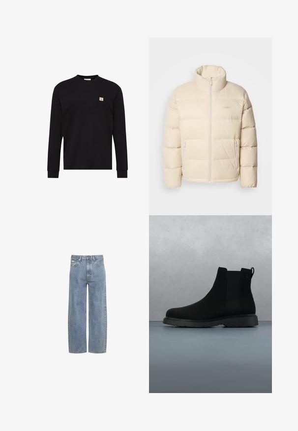 Beige puffjakke med høj krave, lynlåslukning og to sidelommer. Har en quiltet design og en blød, glat tekstur.; Sort langærmet rundhalset sweater med lille beige og rød CK-logo patch på venstre bryst.; Lyseblå jeans med lige ben, foran lukning med knap og lynlås, bæltestropper og fem-lomme design.; Sort ankelstøvle lavet af glat materiale med diskrete syninger, en gummisål og et strømlinet design, placeret over en overflade med træstruktur.