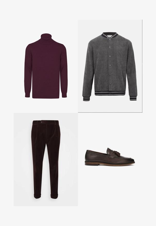 Mørkegrå kordfløjls bomberjakke med sort-hvid stribet ribkrave, manchetter og kant, forrest med trykknaplukning.; Burgundy rullekrave sweater lavet af blødt stof, med lange ærmer, ribbede krave og manchetter samt en glat overflade.; BOSS Bukser - dark red; Mørkebrun læderloafer med en glat tekstur, dekorative kvaster og en kontrasterende brun sål. Klassisk slip-on design.