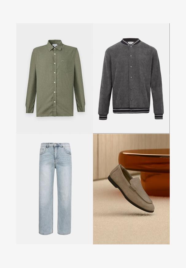 Chaqueta bomber de pana gris oscuro con cuello, puños y dobladillo acanalados a rayas en blanco y negro, cierre frontal con botones a presión.; Camisa de cuadros verdes de botones con cuello, mangas largas y un pequeño logo de Lacoste en el lado izquierdo del pecho. Hecha de un tejido ligero.; Jeans azul claro de pierna recta con bolsillos delanteros, cierre de botón y un sutil desgaste en los muslos y las rodillas.; Mocasín de ante marrón claro con suela negra, descansando sobre una alfombra beige frente a una mesa circular marrón reflectante contra una pared de madera.