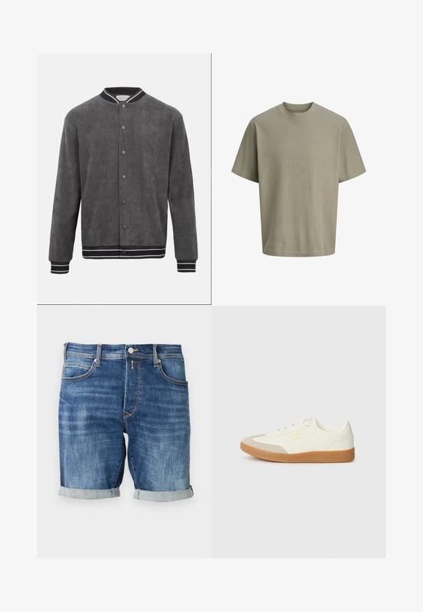 Blouson aviateur en velours côtelé gris foncé avec col, poignets et ourlet côtelés rayés noir et blanc, fermeture à bouton-pression à l'avant.; T-shirt à manches courtes, en maille côtelée, col rond, couleur vert olive doux, présenté sur fond blanc.; Short en jean d'un bleu moyen, présentant un design classique avec un revers roulé à l'ourlet, des coutures contrastantes et des poches avant.; Baskets en cuir blanc avec une coque beige et une semelle en caoutchouc marron clair. Dotées de lacets blancs plats et d'un logo embossé sur le côté.