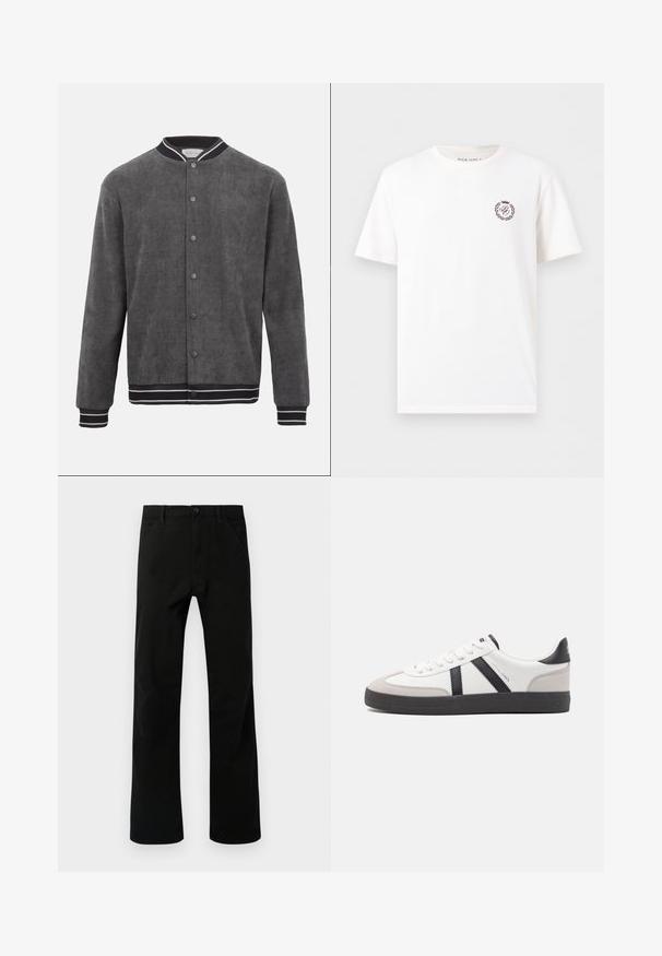 Donkergrijze corduroy bomberjack met zwart-wit gestreepte geribbelde kraag, manchetten en zoom, sluiting aan de voorkant met drukknopen.; Witte T-shirt met korte mouwen en een ronde hals met klein kastanjebruin wapenlogo op de linkerborst met letters en lauwerkrans.; Zwarte rechte broek met voorzakken, knoopsluiting en lussen voor een riem, weergegeven tegen een witte achtergrond.; Witte sneaker met zwarte en grijze accenten, voorzien van een grijze neus met textuur, zwarte rubberen zool en platte witte veters. Schoon ontwerp, minimalistische stijl.