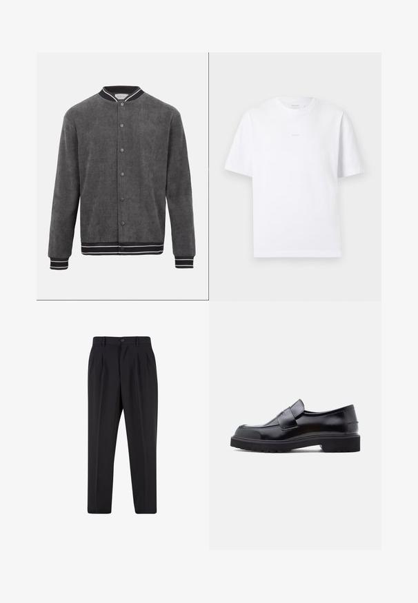 Blouson aviateur en velours côtelé gris foncé avec col, poignets et ourlet côtelés rayés noir et blanc, fermeture à bouton-pression à l'avant.; T-shirt blanc uni à manches courtes et col rond avec un petit logo discret centré sur la poitrine, présenté sur un fond blanc.; Pantalon noir sur mesure avec plis à l'avant, passants pour ceinture et fermeture par bouton à la taille.; Chaussure noire en cuir à enfiler avec un design épuré, bout rond et semelle épaisse en caoutchouc texturé. Présente une sangle décorative à l'avant.