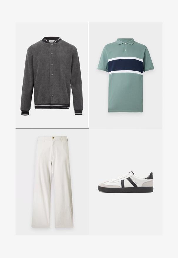 Chaqueta bomber de pana gris oscuro con cuello, puños y dobladillo acanalados a rayas en blanco y negro, cierre frontal con botones a presión.; Polo de manga corta en verde apagado con rayas horizontales en navy y blanco en el pecho y cuello con tapeta de dos botones.; Pantalones de pierna ancha beige fabricados en algodón, con cremallera y cierre de un botón. Cuenta con bolsillos frontales y un acabado de tela texturizada.; Zapatilla blanca con acentos en negro y gris, que presenta una puntera texturizada en gris, suela de goma negra y cordones planos blancos. Diseño limpio, estilo minimalista.