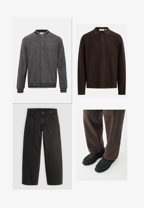 Donkergrijze corduroy bomberjack met zwart-wit gestreepte geribbelde kraag, manchetten en zoom, sluiting aan de voorkant met drukknopen.; Bruine lange mouwen polo met een getextureerd zigzagpatroon, voorzien van een drieknoopssluiting en een borstzak. Gemaakt van gebreide stof.; Zwarte denim jeans met rechte pijpen, vijf zakken en riemlussen, plat liggend op een lichte effen achtergrond.; Zwarte leren schoenen met een gladde afwerking, ronde neus en vetersluiting, gecombineerd met textuurrijke bruine broek. Vanuit een laag perspectief gezien.