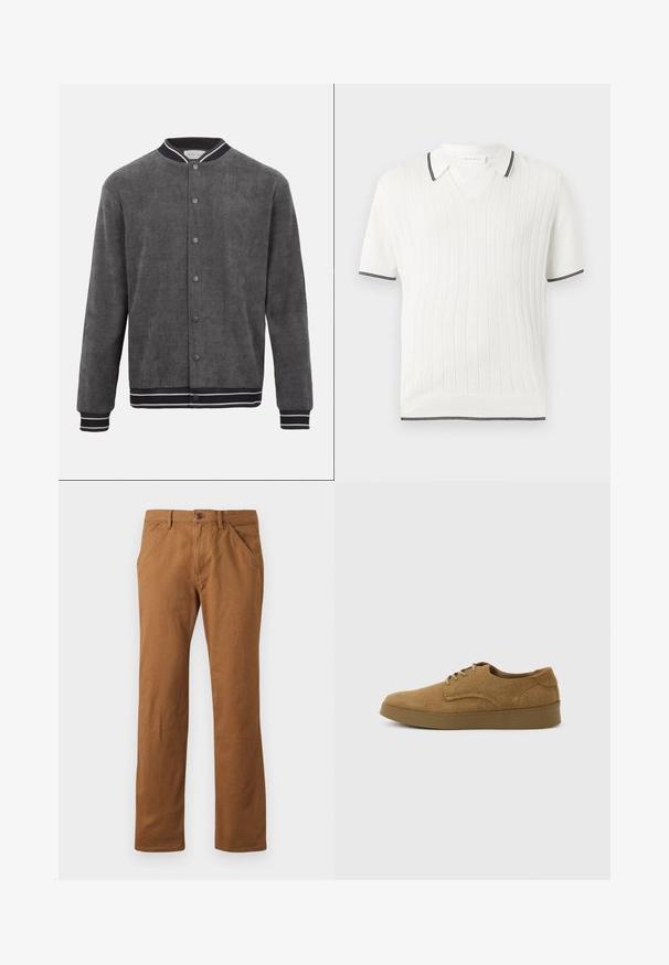 Chaqueta bomber de pana gris oscuro con cuello, puños y dobladillo acanalados a rayas en blanco y negro, cierre frontal con botones a presión.; Polo blanco de manga corta con canalé vertical y ribete negro en el cuello, los puños y el dobladillo inferior.; Pantalones de algodón marrones con corte recto, con cierre de botón, bolsillos laterales y una textura suave. Apto para uso casual.; Zapato casual marrón de ante con cordones y suela de goma plana, visto de lado sobre un fondo claro y liso.