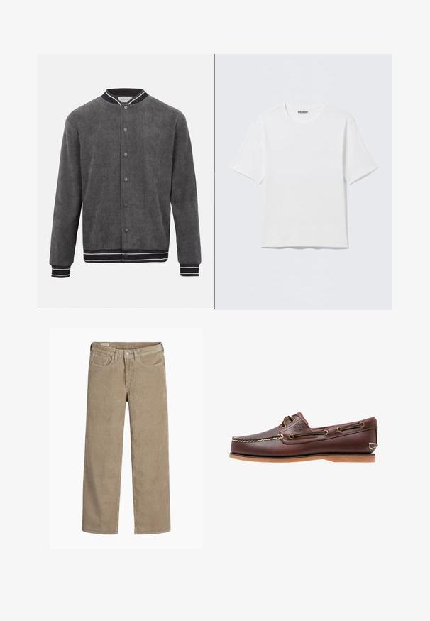 Blouson aviateur en velours côtelé gris foncé avec col, poignets et ourlet côtelés rayés noir et blanc, fermeture à bouton-pression à l'avant.; T-shirt blanc uni à manches courtes et col rond, avec une petite étiquette "WEEKDAY" à l'intérieur du col arrière, présenté à plat.; Pantalon en velours côtelé de couleur brun clair, au design ample, doté d'une fermeture à bouton et à zip, de cinq poches et d'une texture douce et côtelée.; Chaussure bateau en cuir marron avec coutures blanches, détails de lacets et semelle en caoutchouc beige, vue de côté sur fond blanc.