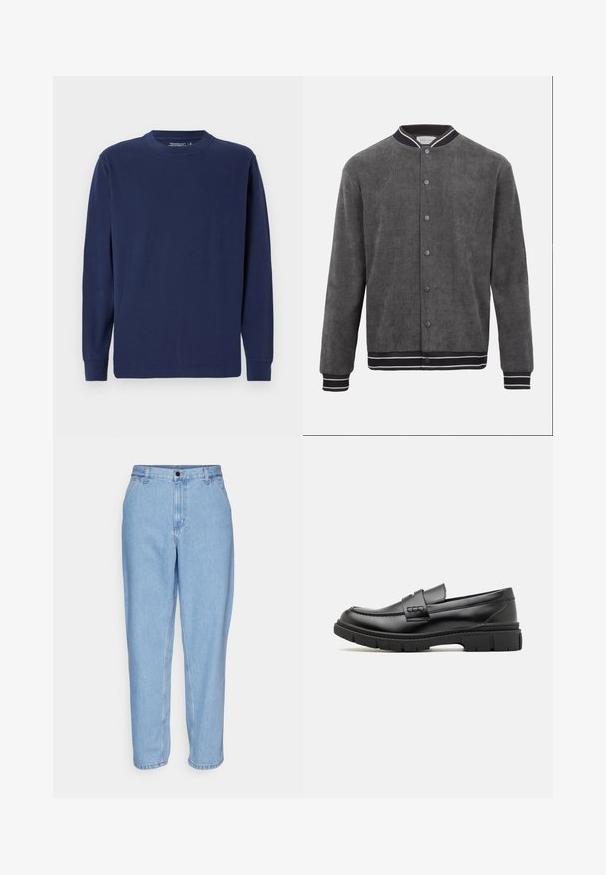 Chaqueta bomber de pana gris oscuro con cuello, puños y dobladillo acanalados a rayas en blanco y negro, cierre frontal con botones a presión.; Camiseta de manga larga de color azul marino, hecha de algodón, con cuello redondo, dobladillo recto y puños acanalados. Diseño sencillo y sólido.; Jeans de mezclilla azul claro con un ajuste relajado, cintura alta y perneras rectas. Presentan bolsillos frontales y un cierre de botón metálico.; Mocasin de cuero negro con una cinta ancha en el empeine, suela de goma con tacos gruesos y textura suave. Diseño clásico y elegante.