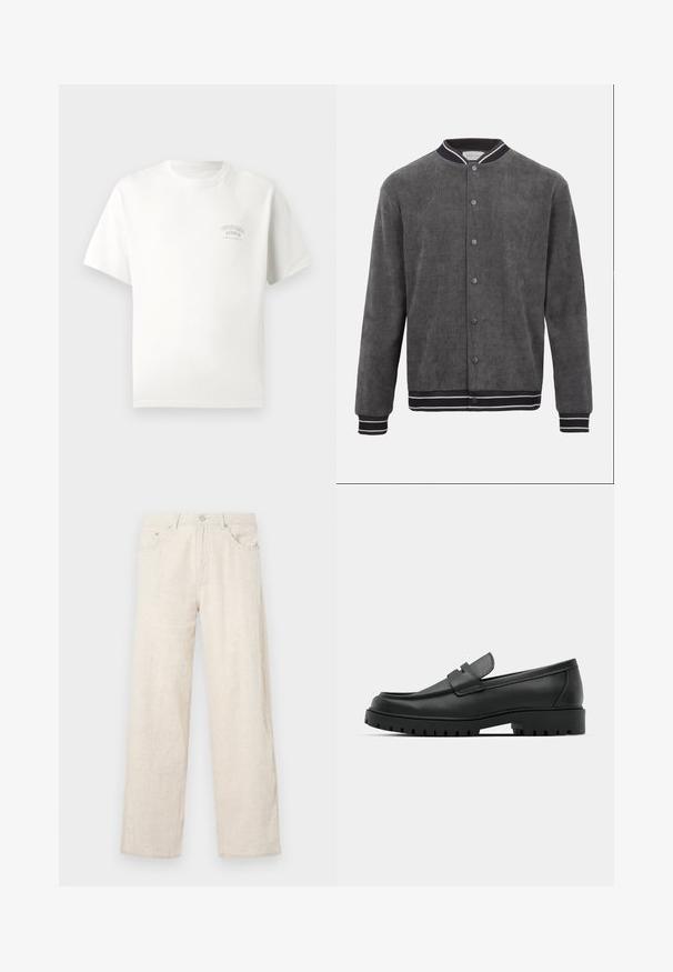 Dunkelgraue Cord-Bomberjacke mit schwarz-weiß gestreiftem, geripptem Kragen, Bündchen und Saum, vorn mit Druckknöpfen verschließbar.; Weißes T-Shirt mit kurzen Ärmeln und kleinem Aufdruck "Originals Studio Urban Aesthetic" auf der linken Brust.; Beige weite Hosen aus strukturiertem Stoff, mit einem Knopfverschluss, Gürtelschlaufen und klassischem Taschenstil.; Schwarze Lederloafer mit runder Zehenform, ausgestattet mit einem gesteppten Design, niedrigem Plattformsohle und einer strukturierten, genoppten Gummisohle.