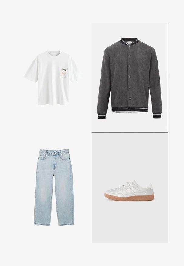 Blouson aviateur en velours côtelé gris foncé avec col, poignets et ourlet côtelés rayés noir et blanc, fermeture à bouton-pression à l'avant.; Next T-SHIRT - T-shirt imprimé - white japan; Jean en denim bleu clair taille haute à jambes droites avec bouton avant, fermeture éclair, passants de ceinture et design à cinq poches sur fond blanc.; Baskets argentées avec une texture lisse, un design à lacets, des accents perforés et une semelle en caoutchouc marron texturé.