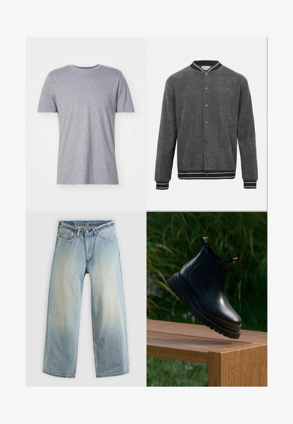 Dunkelgraue Cord-Bomberjacke mit schwarz-weiß gestreiftem, geripptem Kragen, Bündchen und Saum, vorn mit Druckknöpfen verschließbar.; Graues, kurzärmliges T-Shirt aus einem Baumwollmischgewebe, das über einen klassischen Rundkragen verfügt und eine glatte, weiche Textur aufweist.; Hellblaue, weit geschnittene Jeans aus Denim mit verblasstem Finish. Verfügen über ein standardmäßiges Design mit fünf Taschen und Metallknopfverschluss.; Schwarze Leder-Chelsea-Stiefel mit abgerundetem Zehenbereich, dicker Gummisohle und seitlichen elastischen Einsätzen, auf einer Holzoberfläche mit grünem Hintergrund präsentiert.