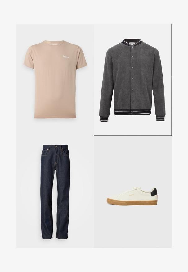 Blouson aviateur en velours côtelé gris foncé avec col, poignets et ourlet côtelés rayés noir et blanc, fermeture à bouton-pression à l'avant.; T-shirt beige manches courtes à col rond avec petit logo blanc « Pepe Jeans » sur la partie haute gauche de la poitrine.; Jean en denim bleu foncé avec une coupe droite, présentant des surpiqûres cuivrées, un design à cinq poches, et une fermeture à glissière classique avec bouton.; Sneaker en toile blanche avec une semelle en gomme, accent au talon noir, bout rond et design à lacets. Présente le logo de la marque en doré sur le côté.