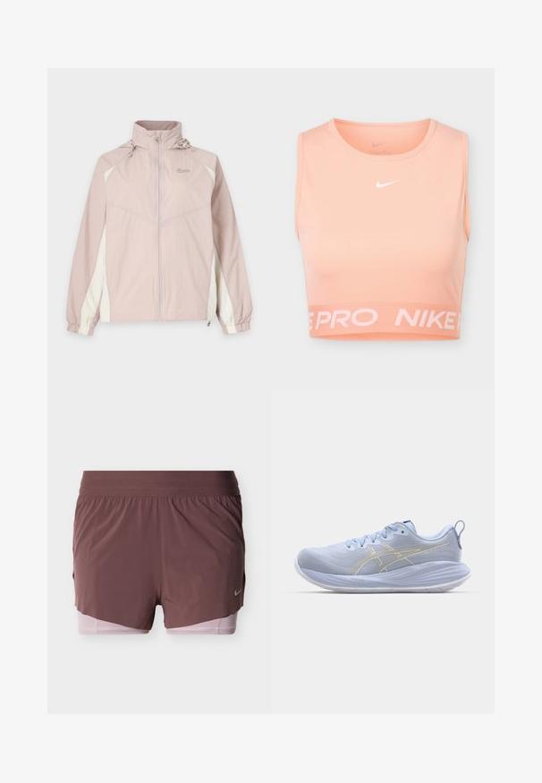 Hellrosa und weiße Nike Windbreaker-Jacke mit durchgehendem Frontreißverschluss, elastischen Bündchen, hohem Kragen und verstellbarer Kapuze.; Pfirsichfarbener Nike Pro Sport-Crop-Top mit ärmellosem Design, rundem Ausschnitt, weißem Nike Swoosh-Logo vorne mittig und gebrandetem elastischem Saum.; Shorts in tiefem Mauve mit leichtem Design, versehen mit einem breiten Bund und einem rosa Innenfutter. Enthält ein kleines Logodetail an der Seite.; Helleblaue Sportchuhe mit einem strukturierten Obermaterial, weißer Sohle und goldenen Akzentstreifen. Zu den Merkmalen gehören Schnürsenkel und eine Zuglasche an der Rückseite.