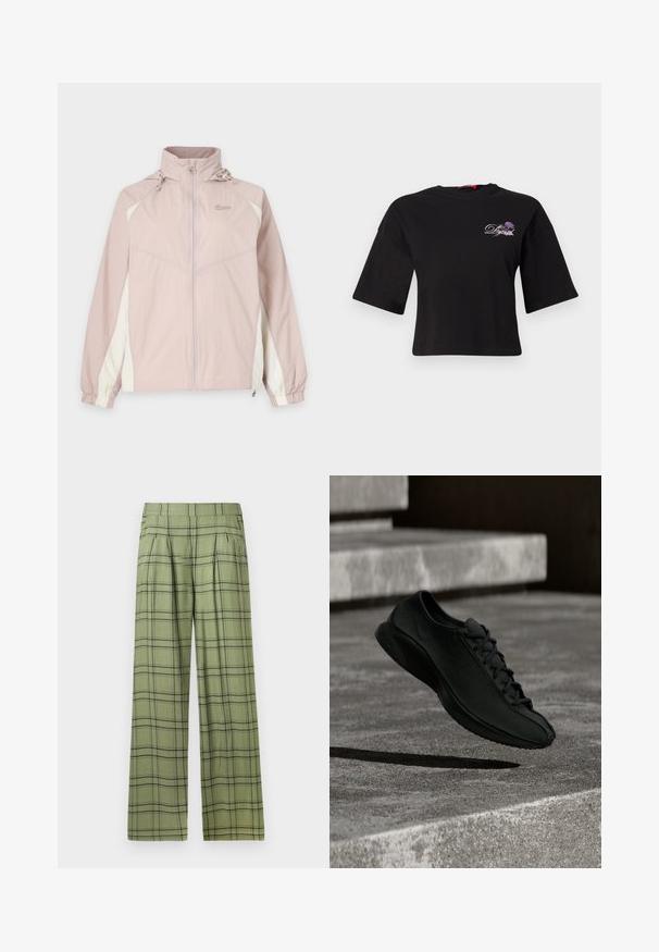 Cazadora cortavientos Nike en rosa claro y blanco con cremallera completa en la parte delantera, puños elásticos, cuello alto y capucha ajustable.; Camiseta corta negra con mangas cortas anchas y un pequeño gráfico de flor morada con texto en cursiva en el lado izquierdo del pecho.; Pantalones de pierna ancha en verde con un patrón de cuadros en negro, cintura alta, pliegues frontales y bolsillos laterales.; Zapato deportivo negro con textura suave, puntera redonda y suela plana. Cuenta con un logo sutil y sistema de cordones tradicional, suspendido sobre concreto.