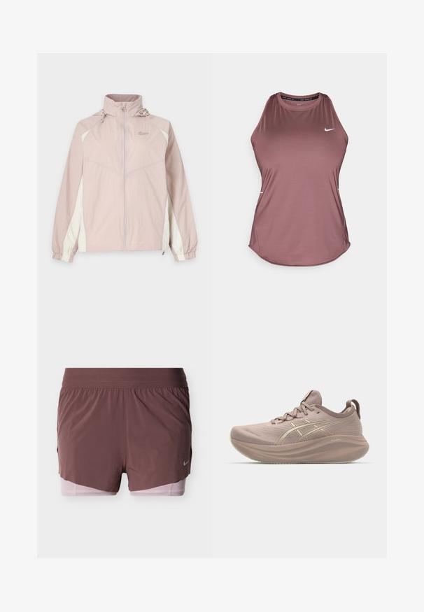 Lys pink og hvid Nike vindjakke med lynlås hele vejen foran, elastiske manchetter, høj krave og justerbar hætte.; Nike ærmeløs top i en afdæmpet mauve farve, lavet af glat, let stof; har rund halsudskæring og lille logo på brystet.; Shorts i dyb mauve med et let design, der har en bred talje og en lyserød inderforing. Inkluderer en lille logodetalje på siden.; Lyserød løbesko med et strømlinet design, tekstureret overdel og en puffet sål. Har et logo og et minimalistisk snøresystem.