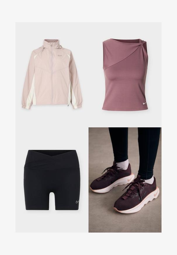 Lichtroze en witte Nike windjack met volledige ritssluiting aan de voorkant, elastische boorden, hoge kraag en verstelbare capuchon.; Mouwloos mauve sporttopje met asymmetrische halslijn en klein wit Nike-logo aan de onderkant aan de linkerkant.; Zwarte sportshorts met een gekruiste tailleband en klein wit Nike swoosh-logo op het linkerbeen tegen een effen achtergrond.; Bordeauxrode sportschoenen met een gewoven bovenwerk, witte zool en zwart Nike-logo. Voorzien van ronde veters en patroonvormige veterlussen.