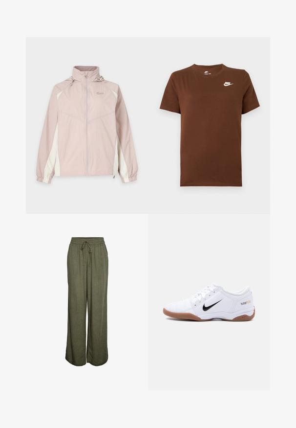 Cazadora cortavientos Nike en rosa claro y blanco con cremallera completa en la parte delantera, puños elásticos, cuello alto y capucha ajustable.; Camiseta Nike marrón de manga corta con logo blanco de Nike en el pecho izquierdo y cuello redondo, mostrada sobre un fondo liso.; Pantalones de lino de color verde oliva de corte holgado con cintura elástica y cordón ajustable en la parte delantera.; Zapatilla de fútbol sala Nike Total 90 III en blanco con el logo Swoosh negro y suela de goma, mostrada de lado sobre un fondo liso.