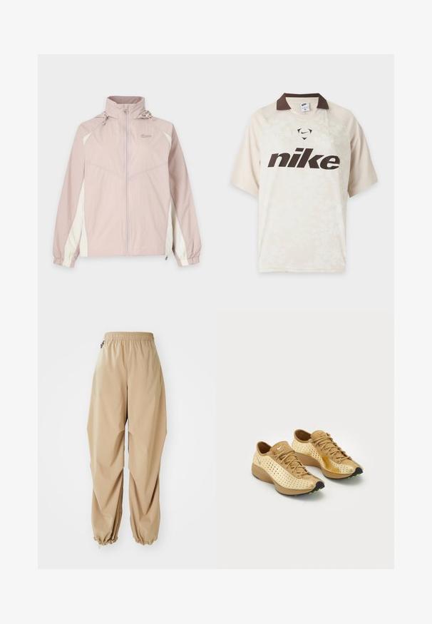 Veste coupe-vent Nike rose clair et blanche avec fermeture éclair sur toute la longueur, poignets élastiques, col montant et capuche ajustable.; T-shirt Nike beige clair à manches courtes avec col brun foncé et grand logo Nike brun foncé sur le devant.; Pantalons légers beige avec une taille élastique, des poignets effilés et une texture lisse, présentant une coupe décontractée et sans motifs ni embellissements visibles.; Une paire de sneakers Nike Air beige et tan avec des détails perforés, des lacets et des semelles noires accentuées de petites taches vertes.