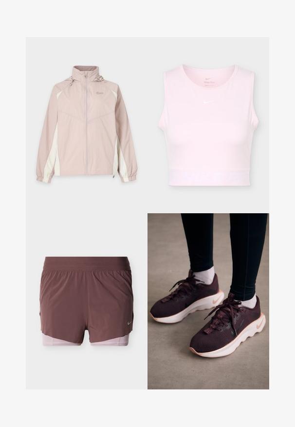 Lys pink og hvid Nike vindjakke med lynlås hele vejen foran, elastiske manchetter, høj krave og justerbar hætte.; Lyserød ærmeløs kort sports-top med rund halsudskæring og hvid Nike Swoosh-logo på brystet og linningen.; Shorts i dyb mauve med et let design, der har en bred talje og en lyserød inderforing. Inkluderer en lille logodetalje på siden.; Mørkerøde sportssko med en tekstureret strikoverdel, hvid sål og sort Nike-logo. Har runde snørebånd og mønstrede snørehuller.