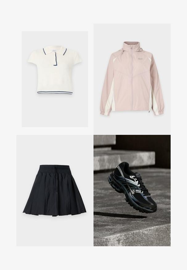 Ανοιχτό ροζ και λευκό μπουφάν αντιανεμικό Nike με φερμουάρ σε όλο το μπροστινό μέρος, ελαστικές μανσέτες, ψηλό γιακά και ρυθμιζόμενη κουκούλα.; Λευκό πλεκτό πόλο με κοντά μανίκια, με μπλε σκούρο περίγραμμα στο γιακά, στην πατιλέτα και στο τελείωμα, με ραβδωτή υφή.; Μαύρη πλισέ φούστα με ελαστική μέση και κορδόνι, μήκους μέχρι το γόνατο, σε απλό ανοιχτό γκρι φόντο.; Μαύρο και ασημί παπούτσι για τρέξιμο Nike που αιωρείται πάνω από σκάλες από σκυρόδεμα, δείχνοντας λεπτομερή σχεδίαση και υφή στη σόλα σε υπαίθρια τοποθεσία.