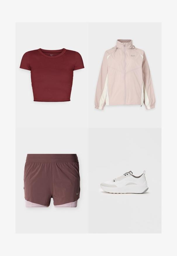 Lichtroze en witte Nike windjack met volledige ritssluiting aan de voorkant, elastische boorden, hoge kraag en verstelbare capuchon.; Bordeaux, kortstraat crop top van gladde stof met een ronde halslijn. Minimalistisch ontwerp, geen zichtbare logo's of patronen.; Korte broek in diep mauve met een lichtgewicht ontwerp, voorzien van een brede tailleband en een roze binnenvoering. Heeft een klein logodetail aan de zijkant.; Witte sportschoenen met een glad leren bovenwerk, grijze accenten, ronde neus, getextureerde tussenzool en een lus aan de hiel.