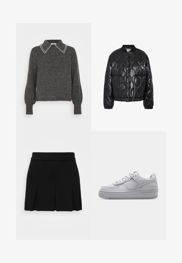 Chaqueta bomber acolchada negra brillante con patrón de costura ondulada, cuello y puños acanalados, y dos bolsillos frontales.; Suéter gris oscuro de punto texturizado, con un collar adornado con acentos de perlas y mangas abullonadas, puños acanalados y dobladillo.; Even&Odd Minifalda - black; Zapatilla Nike Air Force 1 gris con puntera perforada, parte superior de cuero suave, suela gruesa y detalle en relieve 'AIR' en el talón.