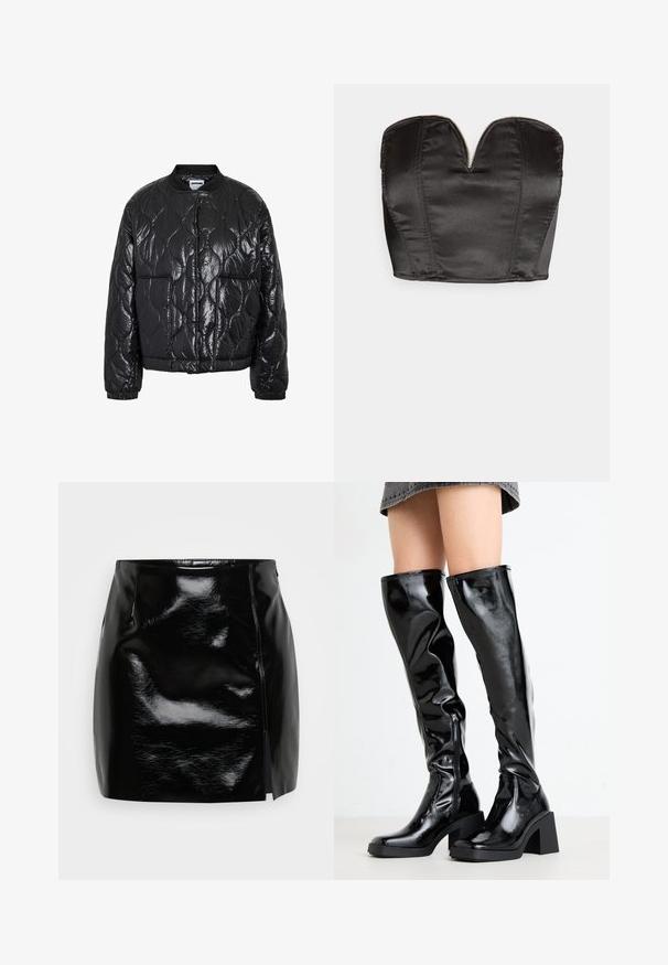 Veste aviateur matelassée noire brillante avec motif de couture ondulée, col côtelé, poignets et deux poches avant.; Vero Moda VMSALLY CROPPED SIMILI CORSAGE - Débardeur - black; Mini-jupe noire en matériau brillant. Comprend une fermeture éclair sur le côté et une fente sur le côté droit pour un détail et un design supplémentaires. Texture lisse.; Bottes noires, brillantes, montantes jusqu'aux genoux, avec un bout carré et un talon épais. Présentent une fermeture éclair latérale et un design ajusté en texture.