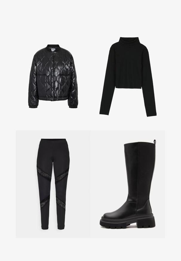 Veste aviateur matelassée noire brillante avec motif de couture ondulée, col côtelé, poignets et deux poches avant.; Even&Odd by Zalando T-shirt à manches longues - black; Leggings noirs avec des découpes triangulaires accentuées de dentelle noire sur les côtés, fabriqués dans un tissu extensible avec un design ajusté.; Botte noire montante jusqu'au genou avec semelle épaisse à crampons, devant en cuir lisse, panneau arrière en tissu côtelé élastique et languette en haut à l'arrière.