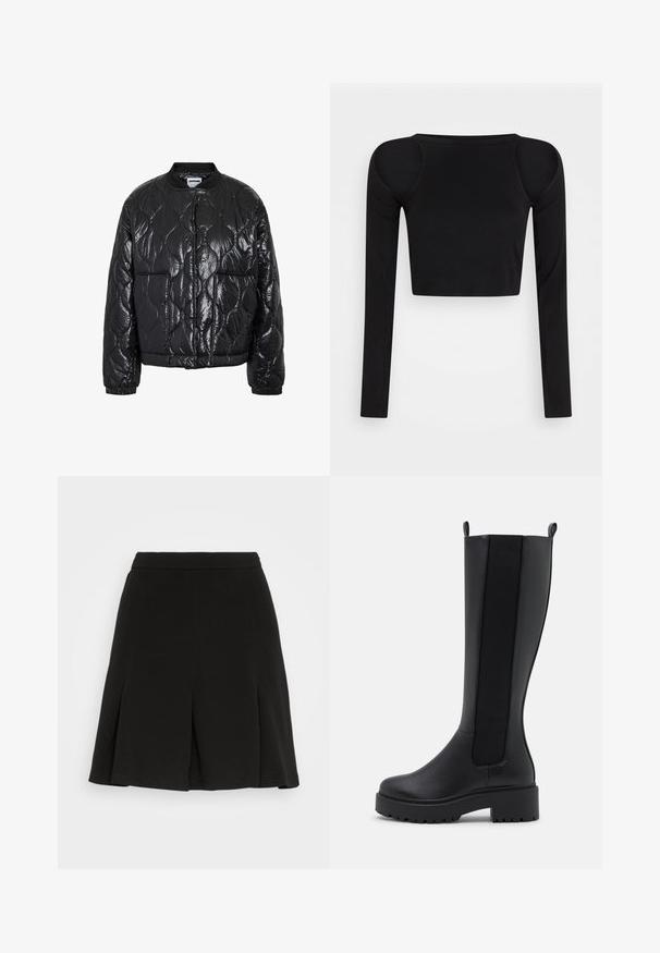 Sort skinnende quiltet bomberjakke med bølget syningsmønster, ribbet krave, manchetter og to forlommer.; Even&Odd Langærmet T-shirt - black; Even&Odd Mini skirts - black; Sorte knæhøje støvler med en glat læderoverflade, elastiske sidepaneler og en kraftig struktureret sål for godt greb.