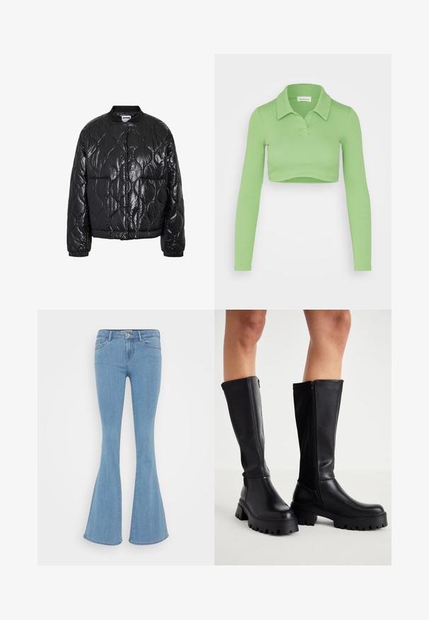 Sort skinnende quiltet bomberjakke med bølget syningsmønster, ribbet krave, manchetter og to forlommer.; Even&Odd Langærmet T-shirt - green; Lyseblå flagrende jeans lavet af denim, med en standard talje, fem lommer og en glat tekstur uden synlige mønstre.; Sorte knæhøje støvler lavet af glat kunstlæder med en kraftig sål, lynlås i siden og design med rund tå.