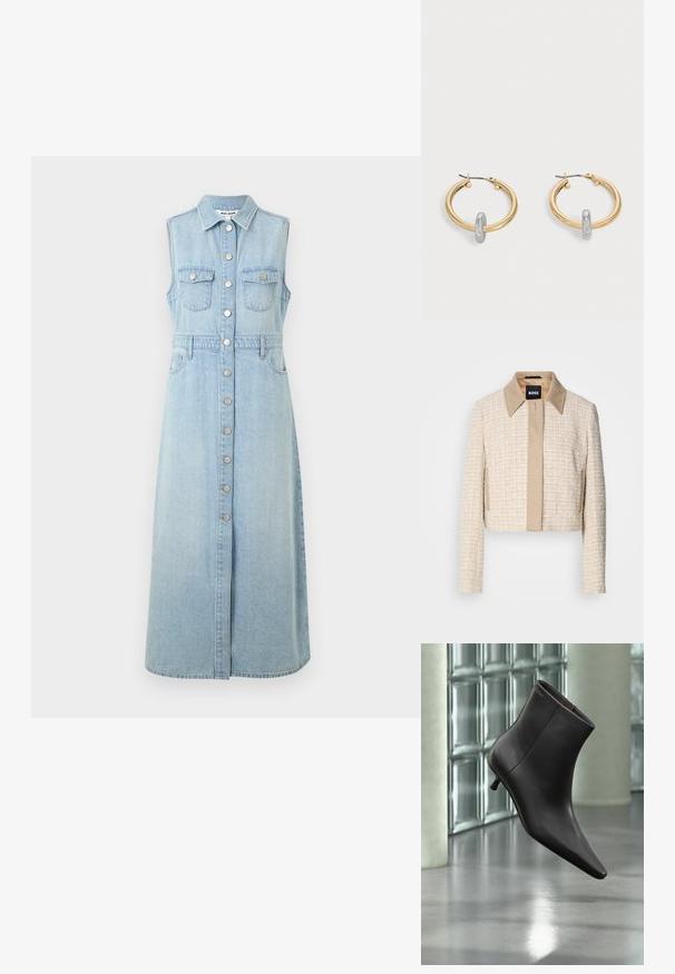 Veste courte en tweed beige clair avec un col lisse beige, dotée d'une fermeture avant simple et d'un design tissé texturé.; Robe sans manches en denim, bleu clair, avec fermeture à boutons à l'avant, deux poches poitrine, taille cintrée et jupe longue à coupe droite.; Bottine en cuir noir avec bout pointu et petit talon, présentée devant un mur en blocs de verre et un sol poli.; Paire de boucles d'oreilles créoles dorées avec un petit détail boucle ton argent sur chaque, exposées sur fond gris clair.