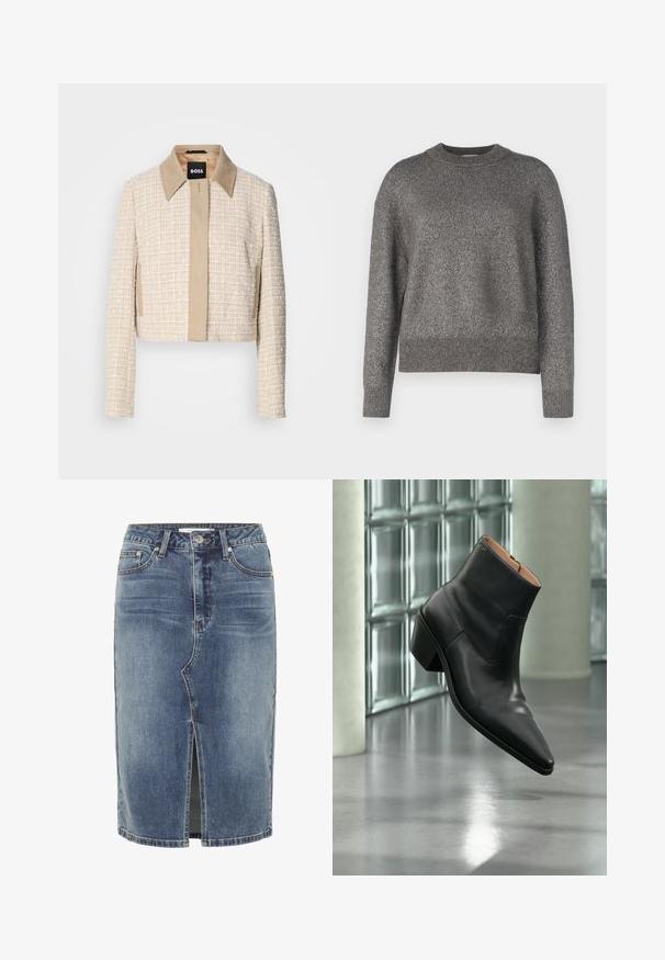 Beskåret jakke i lys beige tweed med en glat beige krave, der har en simpel lukning foran og et struktureret vævet design.; Grå sweater med en refleksiv strikket tekstur, rund halsudskæring, og ribbede manchetter og kant; let løs pasform og lange ærmer.; Blå denim nederdel i knælængde med central slids foran, fem-lomme design og knaplukning i taljen.; Sort læderankelstøvle med spids tå og blokhæl, der svæver over en reflekterende grå gulv nær en væg af glasblokke.