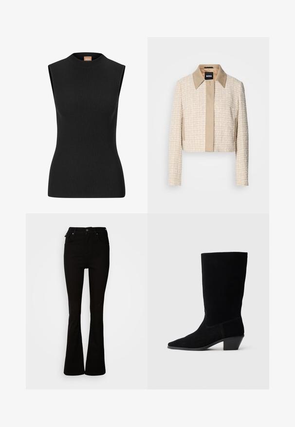 Beskåret jakke i lys beige tweed med en glat beige krave, der har en simpel lukning foran og et struktureret vævet design.; Ermeløs sort ribbet top med høj hals og figursyet pasform, lavet af strækbart materiale. Har minimal branding på nakken.; Sorte flare jeans lavet af denim, med høj talje, forlommer og et klassisk fem-lomme design med metalhardware detaljer.; Sort ruskind ankelstøvle med spidse tæer, mellemhøj skaft og en chunky hæl. Fuldender et minimalistisk design med lidt syninger og en glat tekstur.