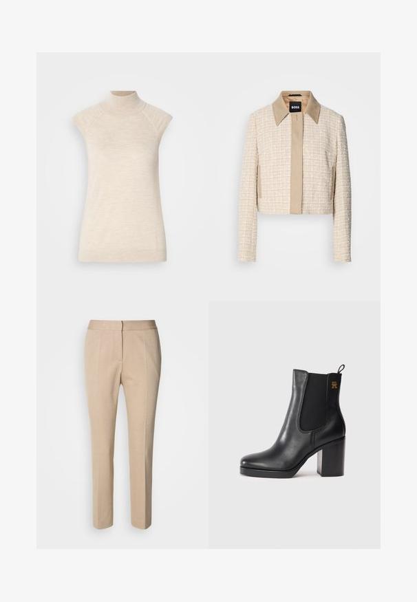 Beskåret jakke i lys beige tweed med en glat beige krave, der har en simpel lukning foran og et struktureret vævet design.; Beige højhalset ærmeløs top, lavet af blød, tekstureret stof. Har raglan-skulder og en tætsiddende silhuet. Velegnet til lagdelte outfits.; Beige skræddersyede bukser med en tekstureret stof, slim fit, middelhøj talje og lige ben. Lynlås og knaplukning foran.; Sorte læder ankelstøvle med blokhæl, elastisk sidesk panel, trække-løkke og lille guldlogo på den øverste side.
