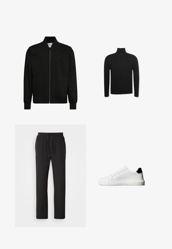 Chaqueta bomber negra hecha de tela lisa, con cierre frontal de cremallera, cuello y puños de canalé y bolsillos laterales. Diseño minimalista sin logotipos visibles.; Jersey negro de cuello alto y manga larga con un ajuste entallado y un logo sutil en la zona izquierda del pecho, mostrado sobre fondo blanco.; Pantalones de chándal negros hechos de tela ligera, con una cintura elástica y cordones ajustables, además de bolsillos laterales. Textura suave.; Zapatillas de cuero blanco con un detalle en el talón negro, que cuentan con cordones planos, punta redondeada y una suela de goma acanalada para mejor agarre.